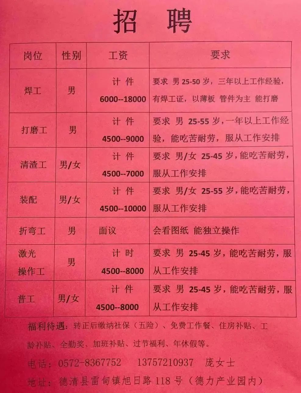 平邑最新招工信息汇总列表